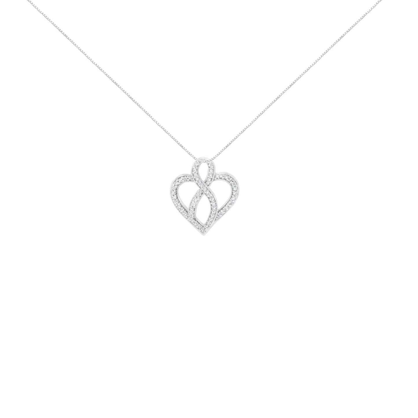 14K White Gold 1/4 cttw Round Cut Diamond Heart and Ribbon Center Pendant Necklace (H-I, I1-I2) - Elegant Emulations