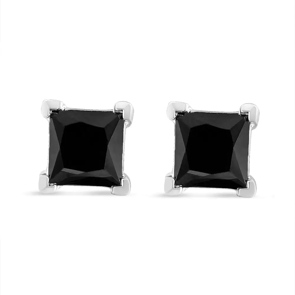 14K White Gold Princess-Cut Treated Black Diamond Classic 4-Prong Stud Earrings - Elegant Emulations