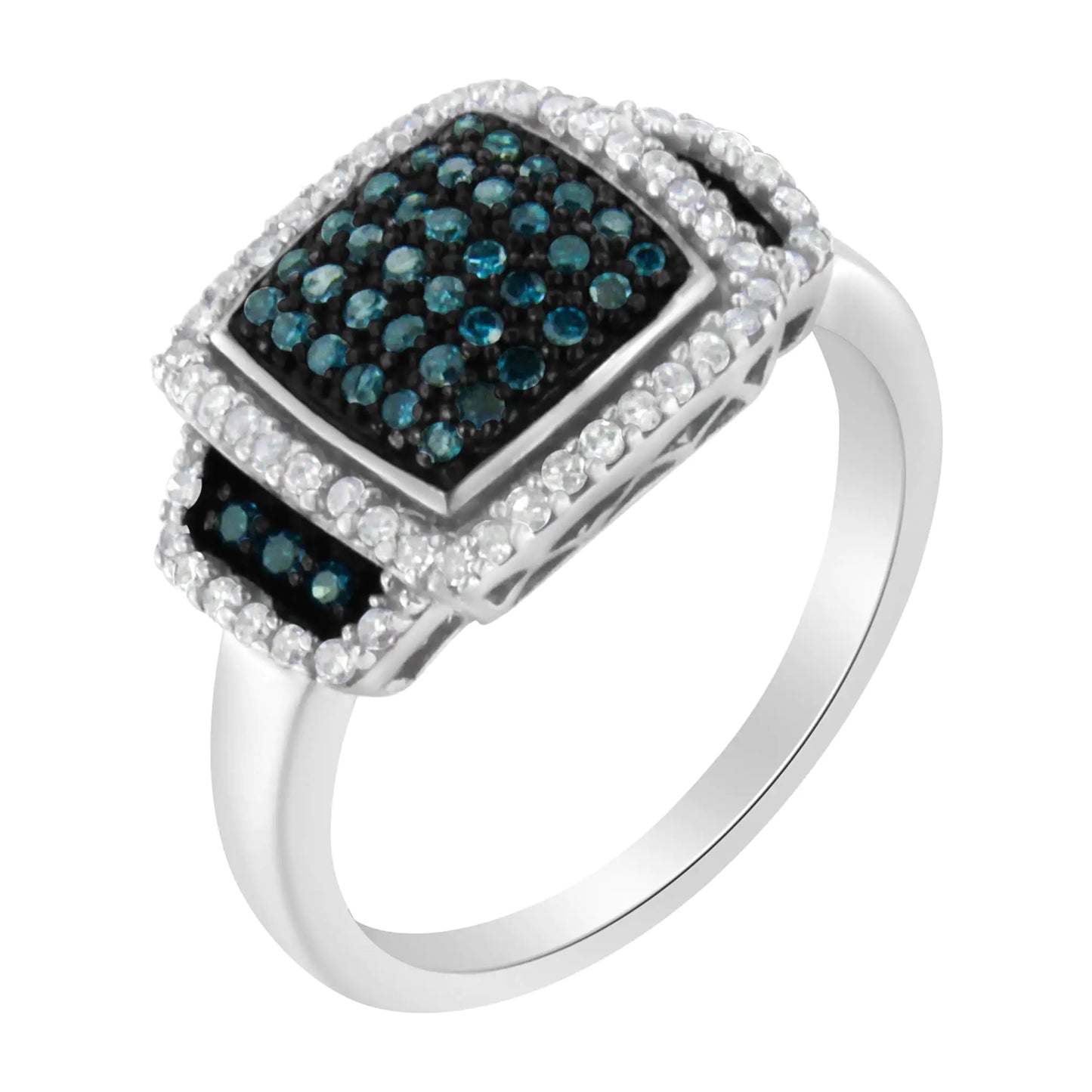 Elegant .925 Sterling Silver Blue & White Diamond Halo Ring