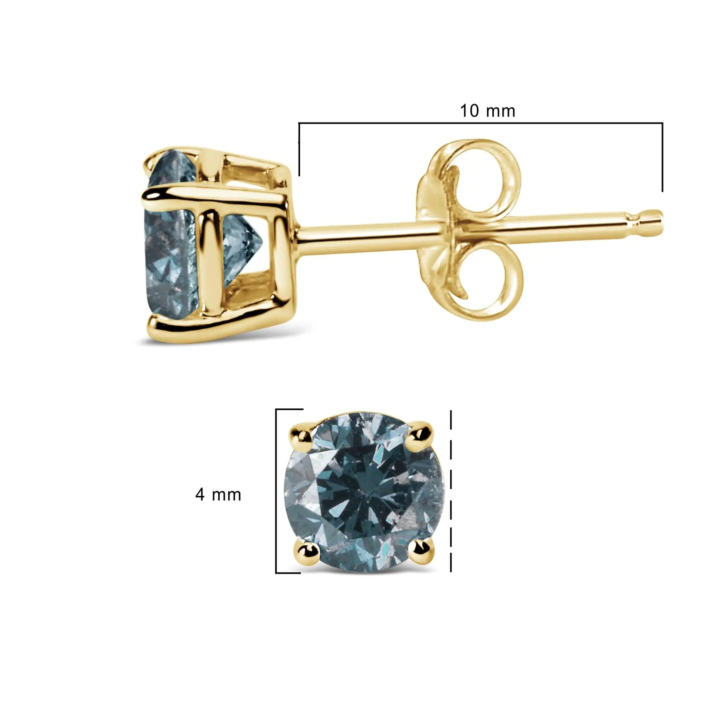 14K Gold Round Brilliant Cut Lab Grown Blue Diamond 4-Prong Classic Solitaire Stud Earrings with Pushbacks - Elegant Emulations