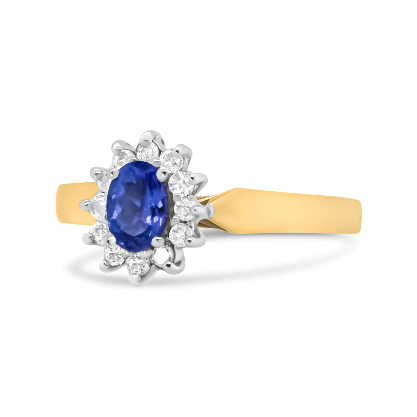 14K Yellow Gold 1/5 Cttw Round Diamond and 6x4mm Oval Blue Tanzanite Halo Ring (H-I Color, I1-I2 Clarity) - Elegant Emulations