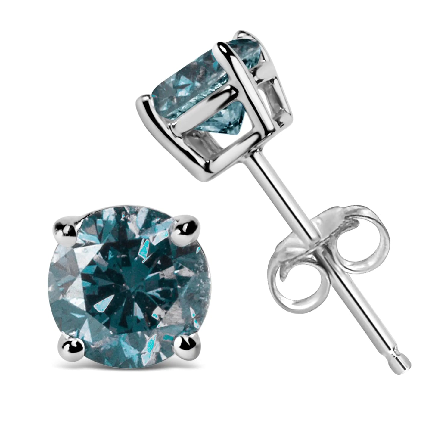 14K Gold Round Brilliant Cut Lab Grown Blue Diamond 4-Prong Classic Solitaire Stud Earrings with Pushbacks - Elegant Emulations