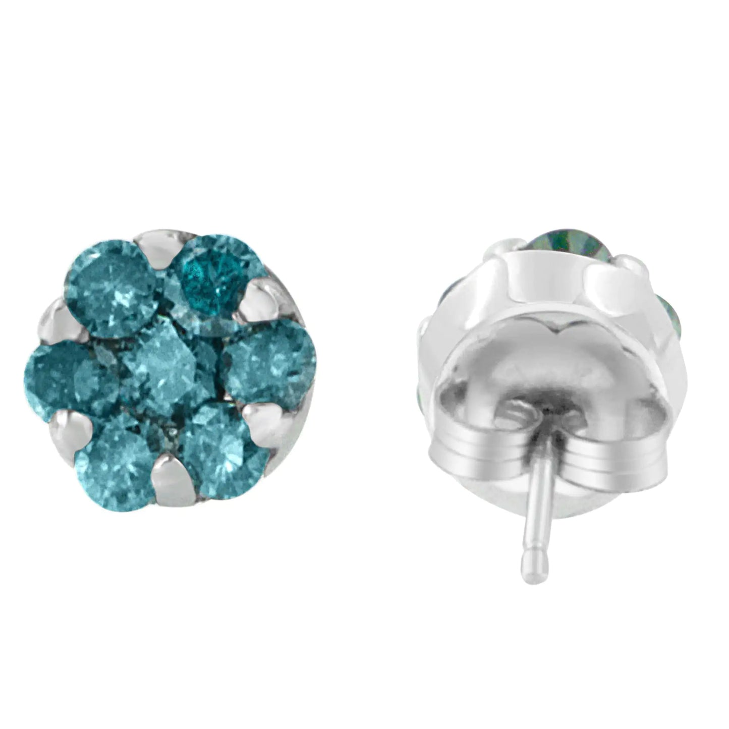 14K White Gold Round Cut Blue Diamond Earrings (1.00 cttw, Blue Color) - Elegant Emulations
