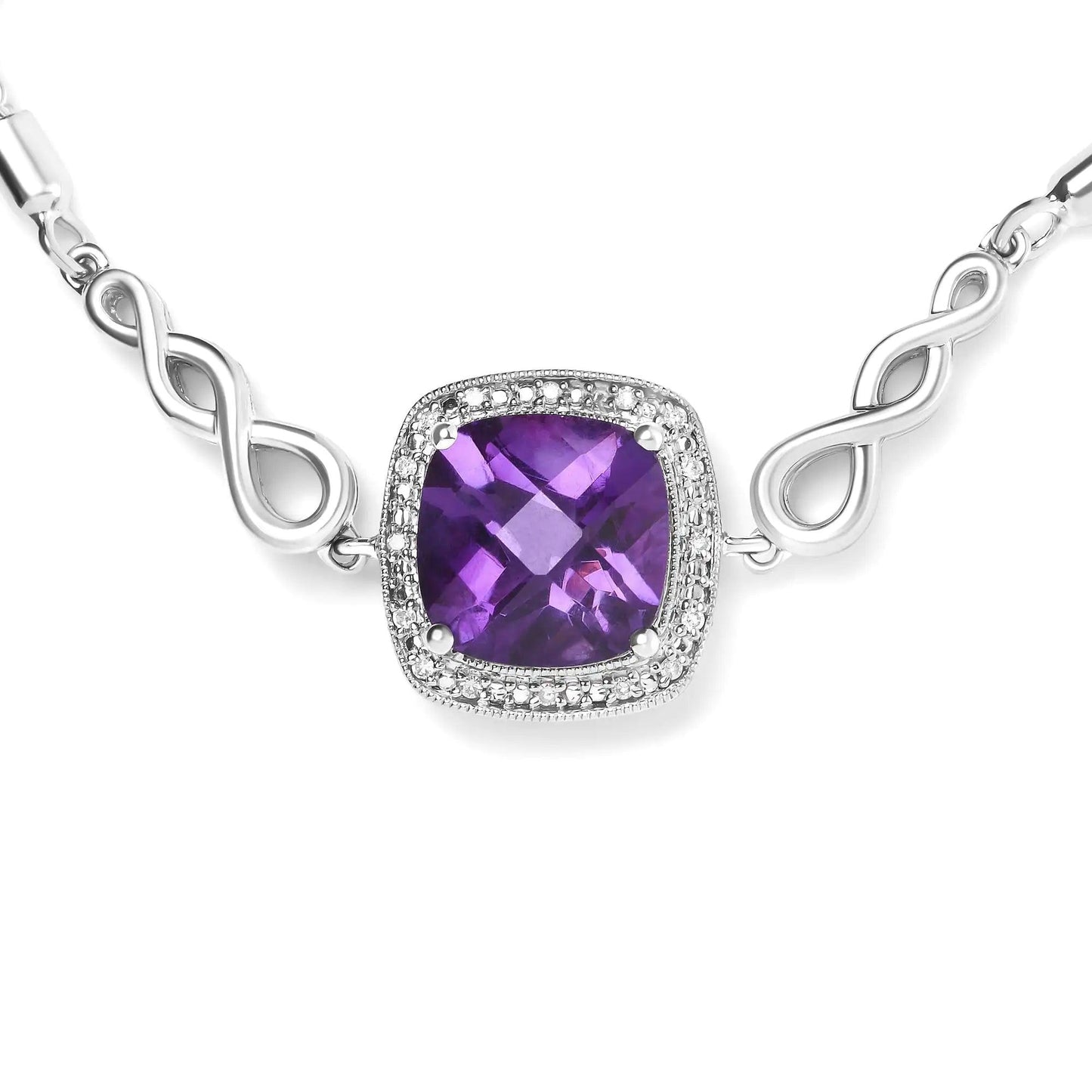 .925 Sterling Silver 10mm Cushion Cut Amethyst Gemstone and Diamond Accent Lariat 4” - 10” Adjustable Bolo Bracelet (H - I Color, SI1 - SI2 Clarity) | | Elegant Emulations Jewelry USA