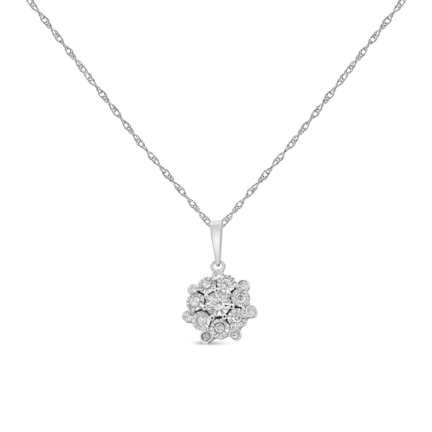 .925 Sterling Silver 1/4 Cttw Miracle Set Diamond Floral Cluster 18" Pendant Necklace for Women (I - J Color, I1 - I2 Clarity) | | Elegant Emulations Jewelry USA