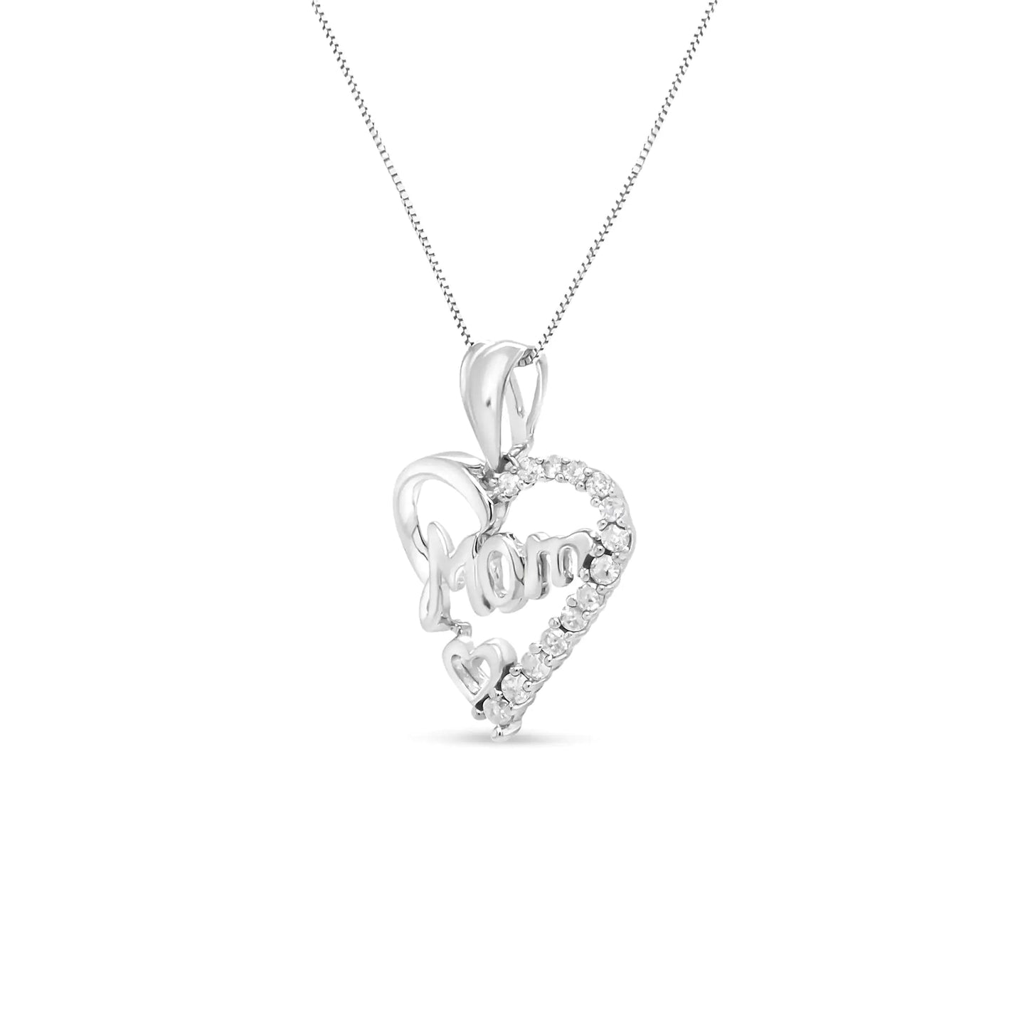 .925 Sterling Silver 1/4 Cttw Round Diamond "Mom" Openwork Heart Pendant 18" Necklace (I - J Color, I2 - I3 Clarity) | | Elegant Emulations Jewelry USA