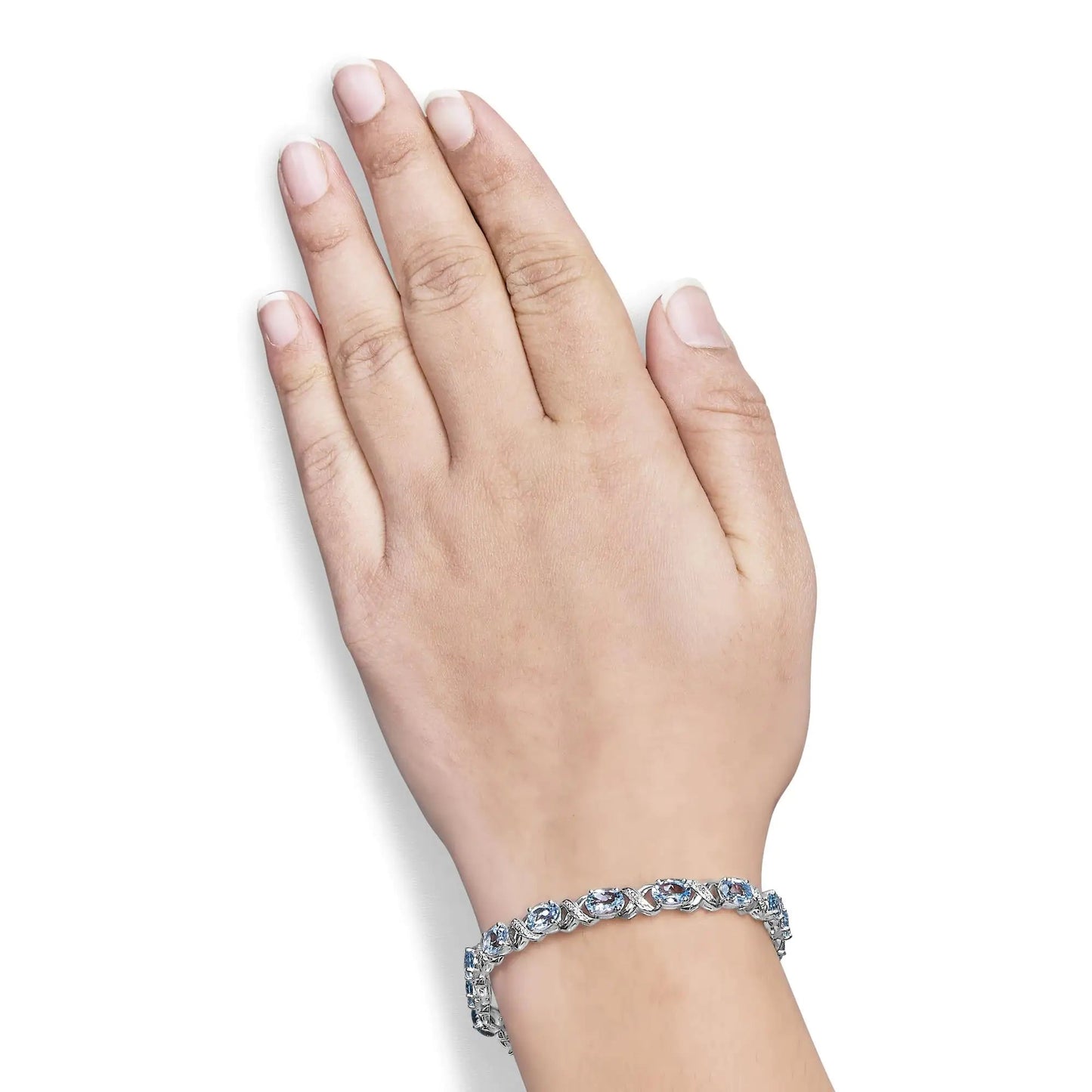 .925 Sterling Silver 16.0 Cttw Oval Blue Topaz and Diamond Accent Tennis X Link Bracelet (I - J Color, I1 - I2 Clarity) - Size 7" Inch | | Elegant Emulations Jewelry USA