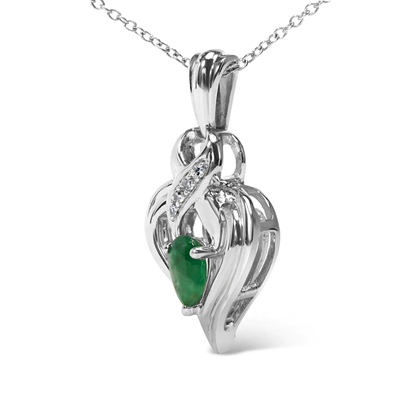 .925 Sterling Silver 6x4mm Pear Emerald and Diamond Accent Heart Pendant Necklace (H - I Color, SI1 - SI2 Clarity) - 18 Inches | | Elegant Emulations Jewelry USA
