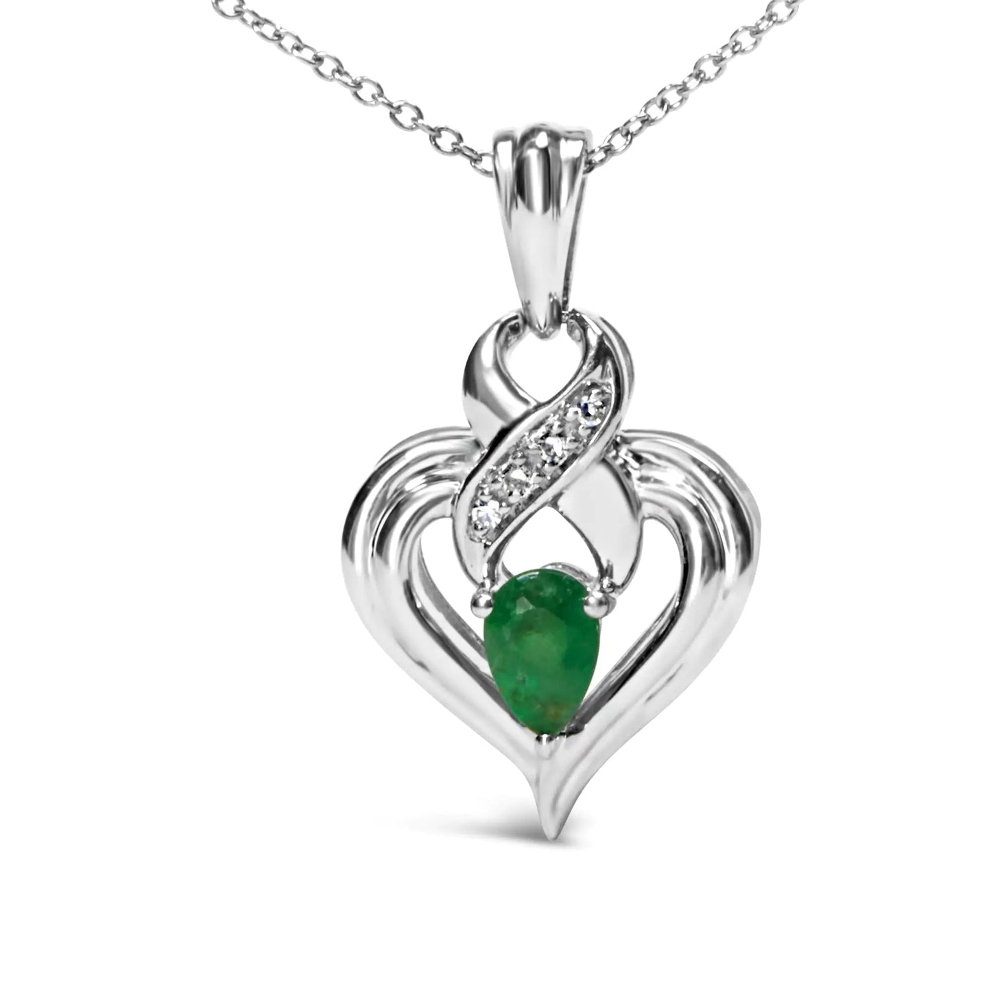 .925 Sterling Silver 6x4mm Pear Emerald and Diamond Accent Heart Pendant Necklace (H - I Color, SI1 - SI2 Clarity) - 18 Inches | | Elegant Emulations Jewelry USA