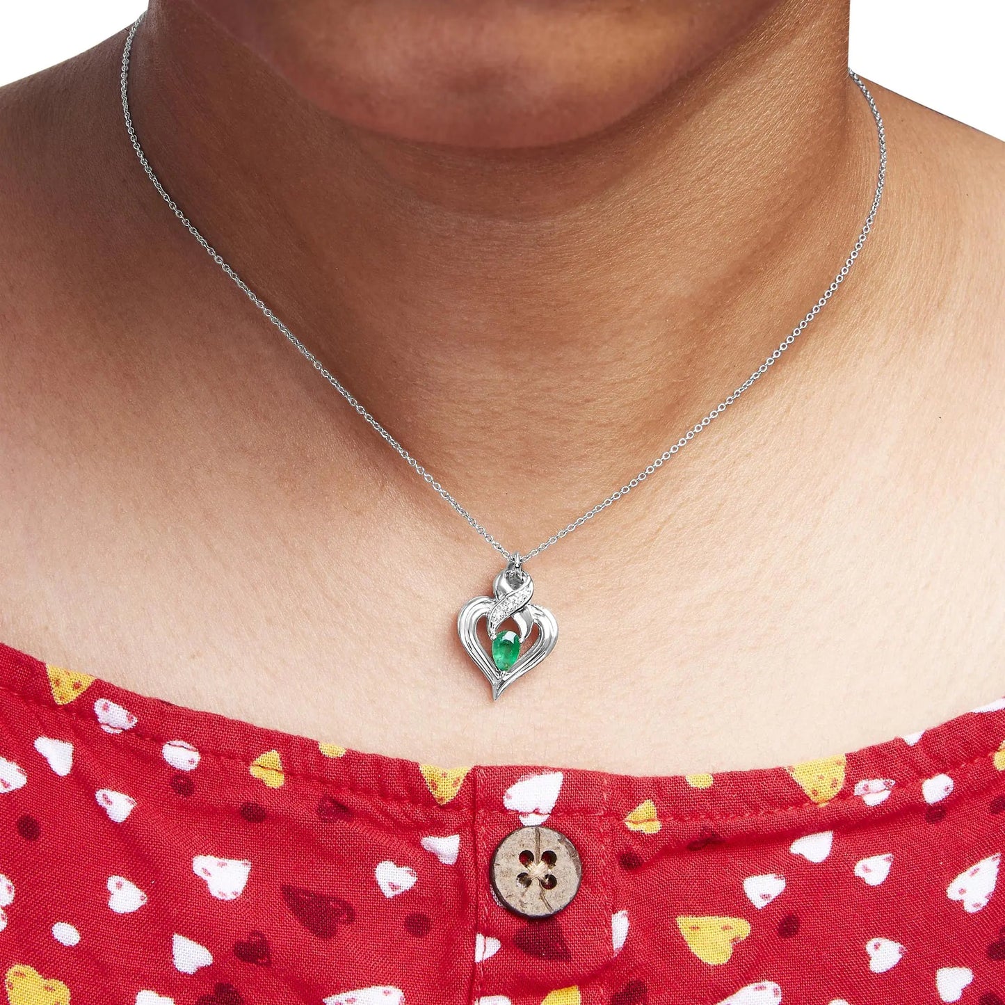 .925 Sterling Silver 6x4mm Pear Emerald and Diamond Accent Heart Pendant Necklace (H - I Color, SI1 - SI2 Clarity) - 18 Inches | | Elegant Emulations Jewelry USA