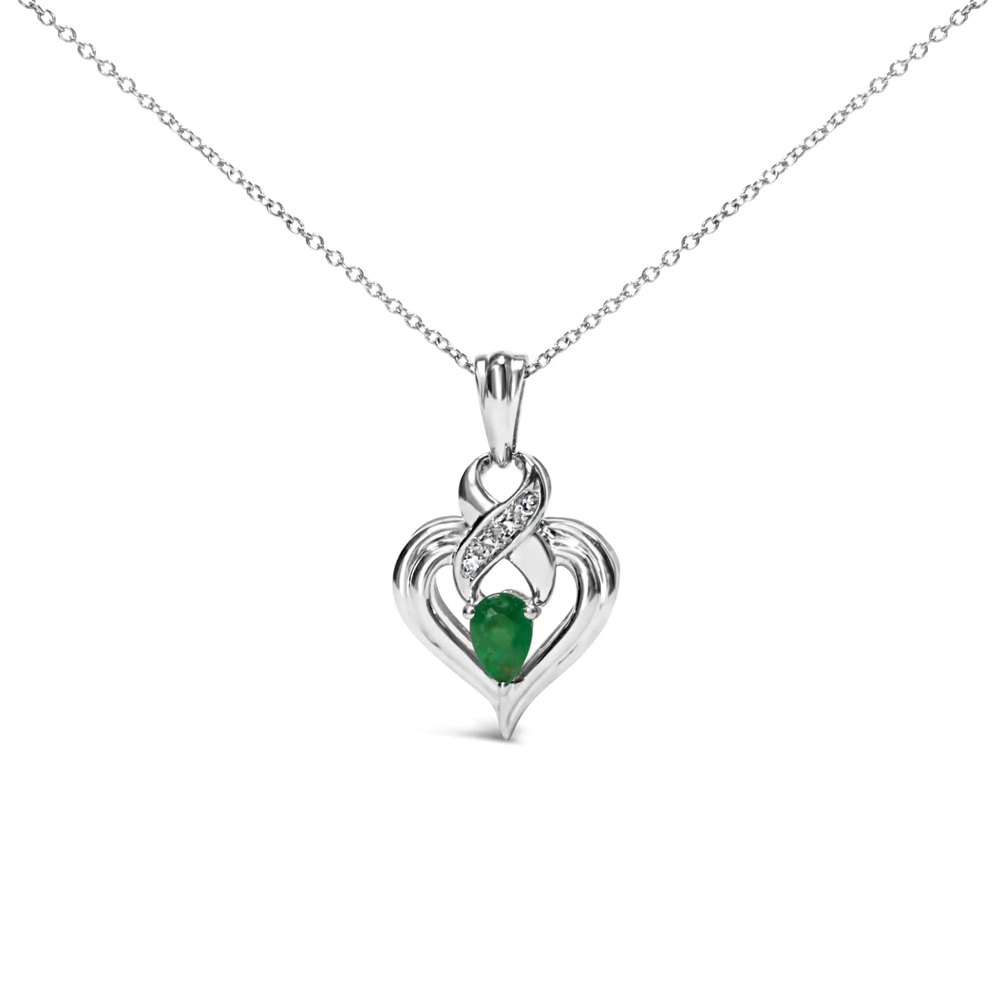 .925 Sterling Silver 6x4mm Pear Emerald and Diamond Accent Heart Pendant Necklace (H - I Color, SI1 - SI2 Clarity) - 18 Inches | | Elegant Emulations Jewelry USA