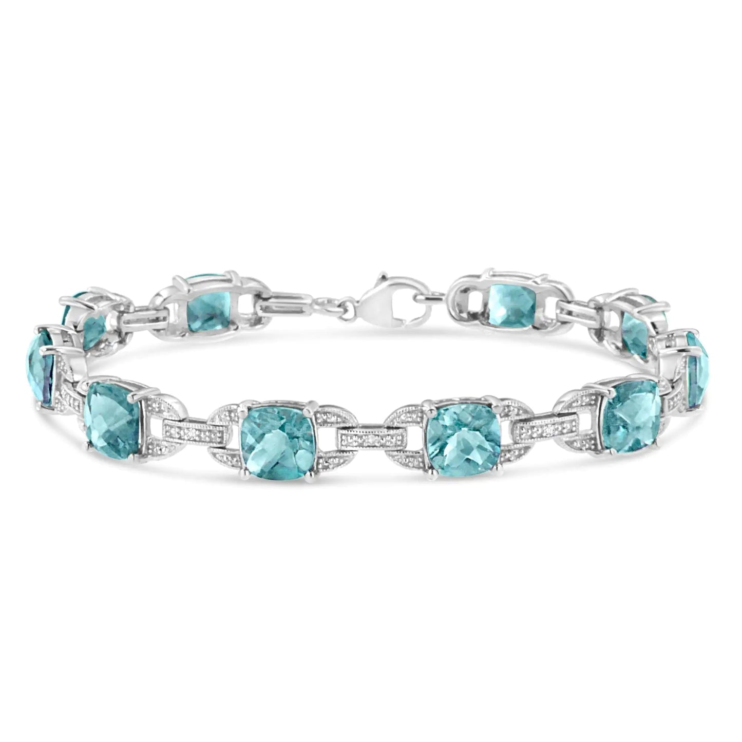 .925 Sterling Silver 7x7 mm Cushion Cut Blue Topaz and 1/20 cttw Round Cut Diamond Fashion Tennis Bracelet (I - J Color, I1 - I2 Clarity) - 7" | | Elegant Emulations Jewelry USA