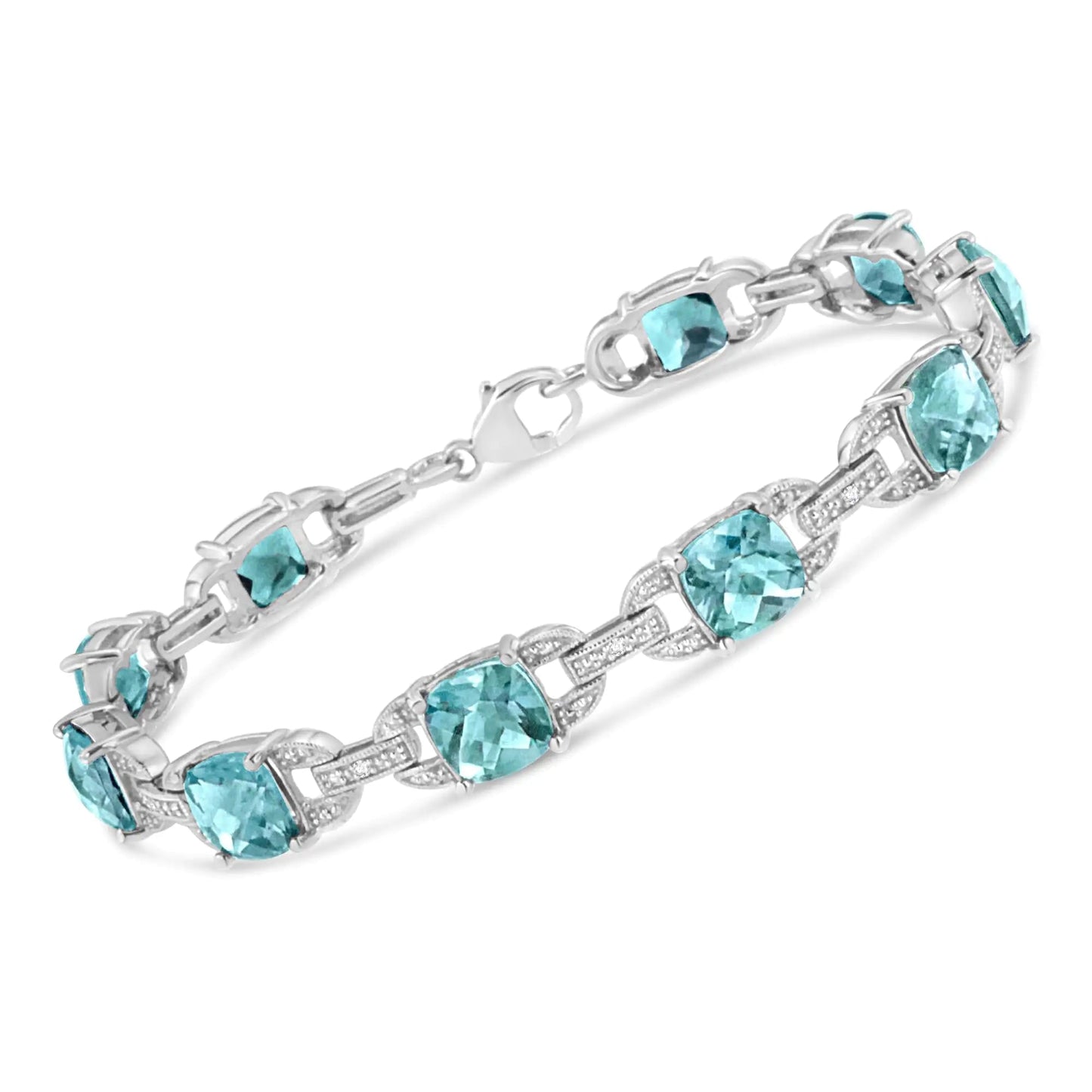 .925 Sterling Silver 7x7 mm Cushion Cut Blue Topaz and 1/20 cttw Round Cut Diamond Fashion Tennis Bracelet (I - J Color, I1 - I2 Clarity) - 7" | | Elegant Emulations Jewelry USA