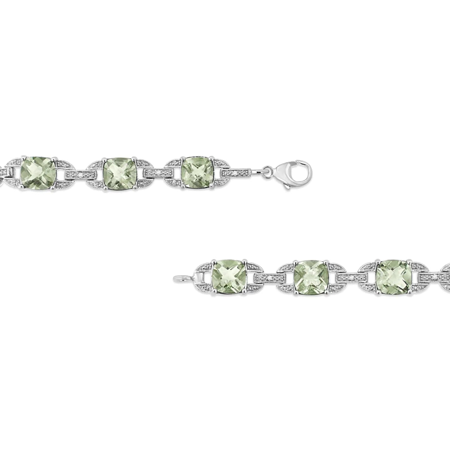 .925 Sterling Silver 7x7 mm Cushion Cut Green Amethyst and 1/20 cttw Round Cut Diamond Fashion Tennis Bracelet (I - J Color, I1 - I2 Clarity) - 7" | | Elegant Emulations Jewelry USA
