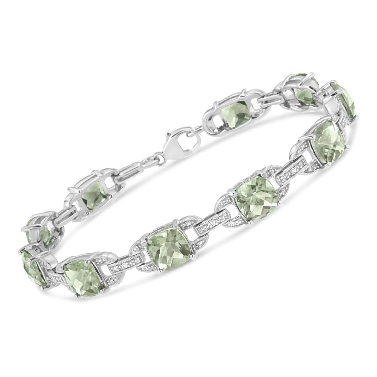 .925 Sterling Silver 7x7 mm Cushion Cut Green Amethyst and 1/20 cttw Round Cut Diamond Fashion Tennis Bracelet (I - J Color, I1 - I2 Clarity) - 7" | | Elegant Emulations Jewelry USA