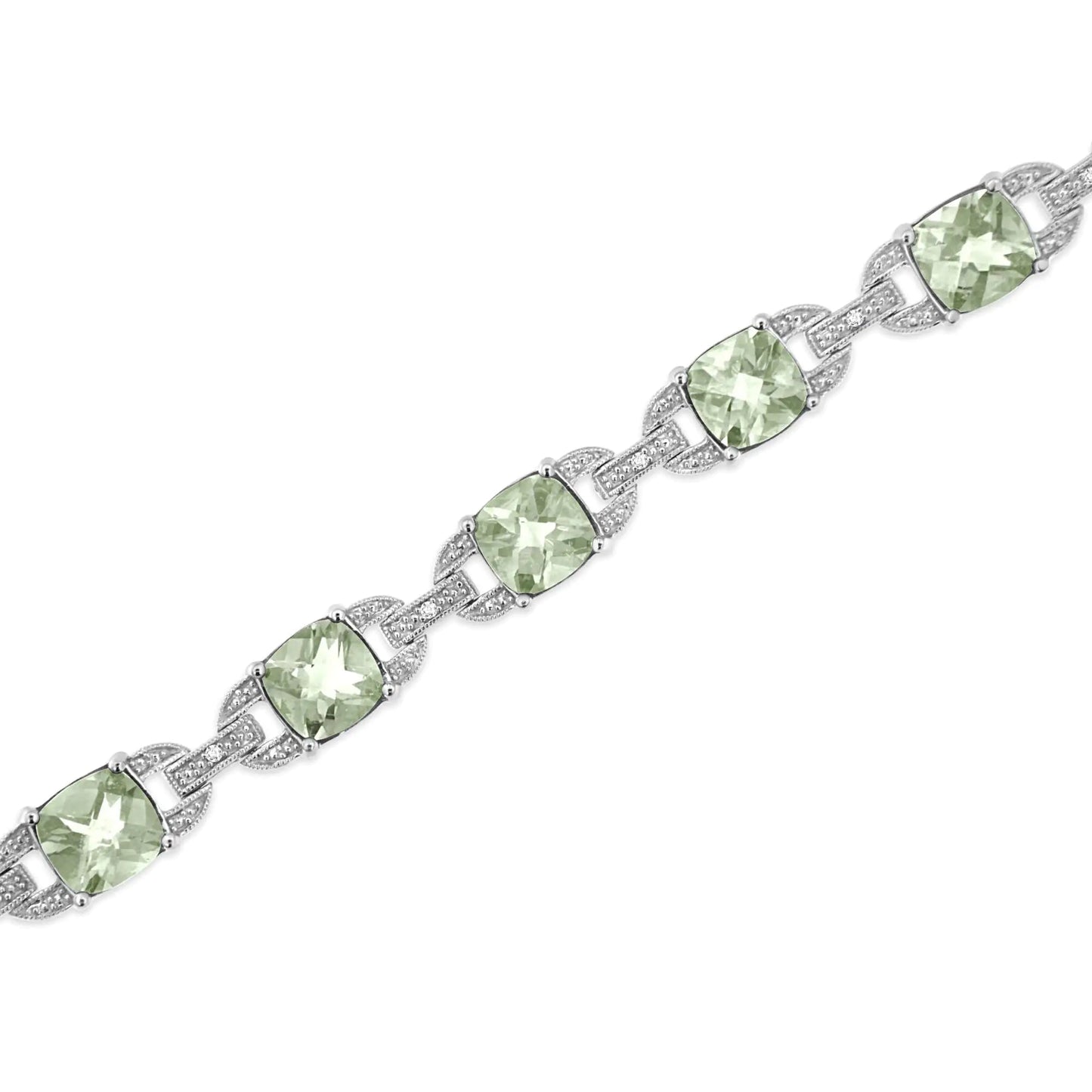 .925 Sterling Silver 7x7 mm Cushion Cut Green Amethyst and 1/20 cttw Round Cut Diamond Fashion Tennis Bracelet (I - J Color, I1 - I2 Clarity) - 7" | | Elegant Emulations Jewelry USA
