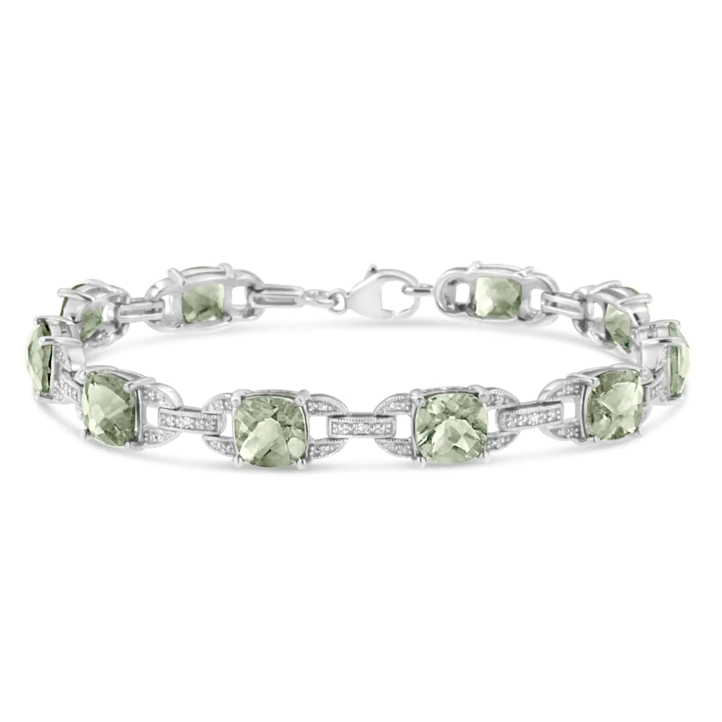 .925 Sterling Silver 7x7 mm Cushion Cut Green Amethyst and 1/20 cttw Round Cut Diamond Fashion Tennis Bracelet (I - J Color, I1 - I2 Clarity) - 7" | | Elegant Emulations Jewelry USA