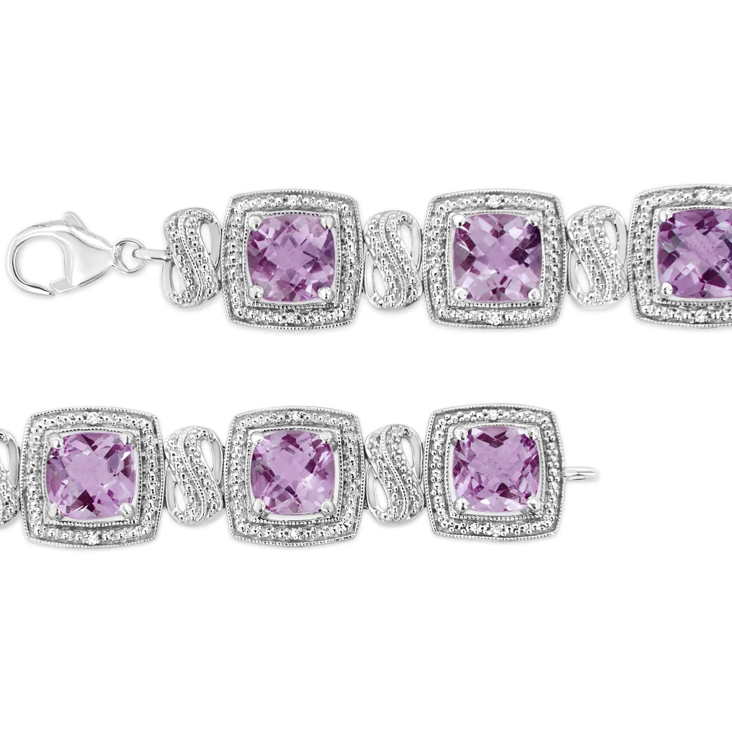 .925 Sterling Silver 7x7 mm Cushion Cut Purple Amethyst and 1/10 cttw Round Cut Diamond Square Shape Tennis Bracelet (I - J Color, I1 - I2 Clarity) - 7" | | Elegant Emulations Jewelry USA