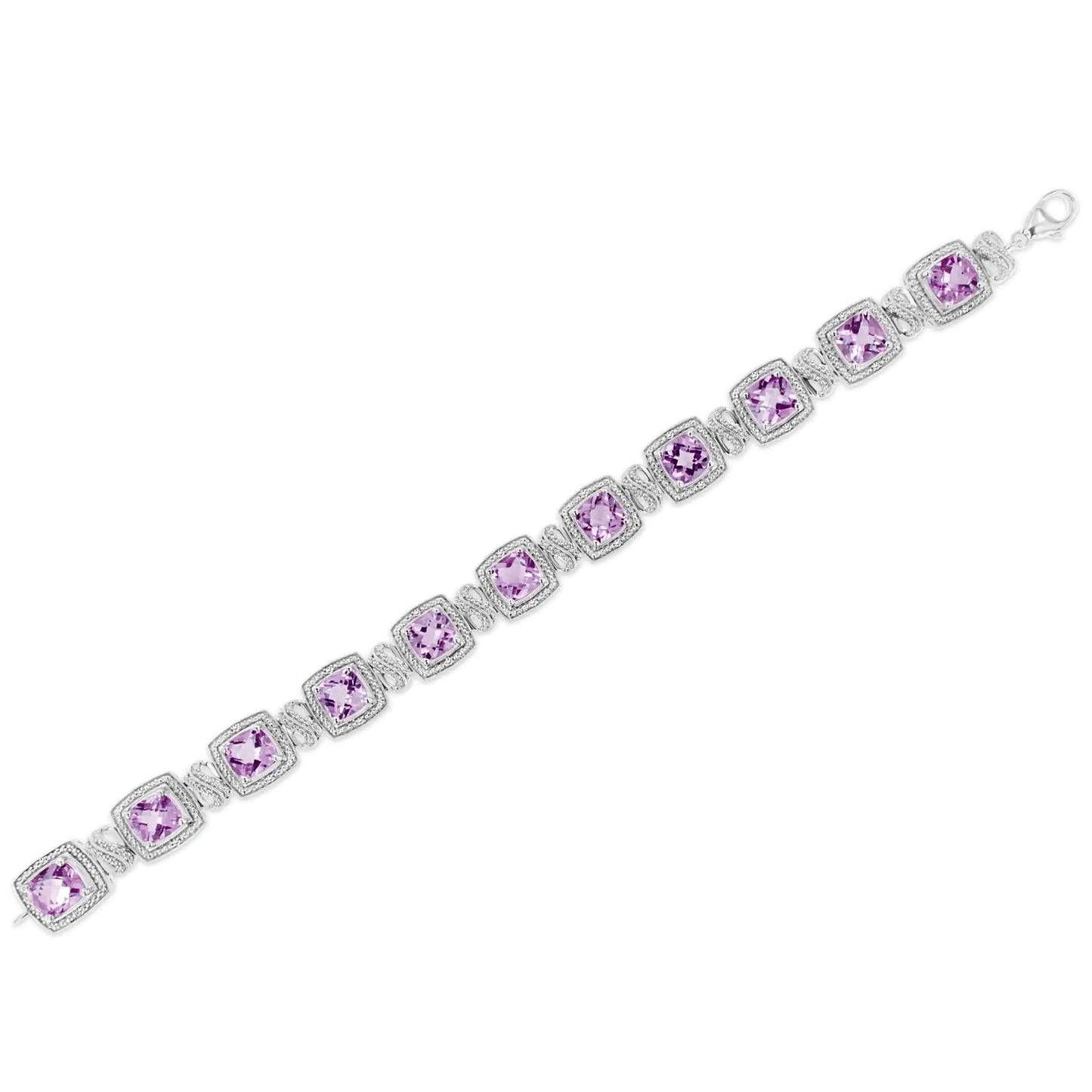 .925 Sterling Silver 7x7 mm Cushion Cut Purple Amethyst and 1/10 cttw Round Cut Diamond Square Shape Tennis Bracelet (I - J Color, I1 - I2 Clarity) - 7" | | Elegant Emulations Jewelry USA