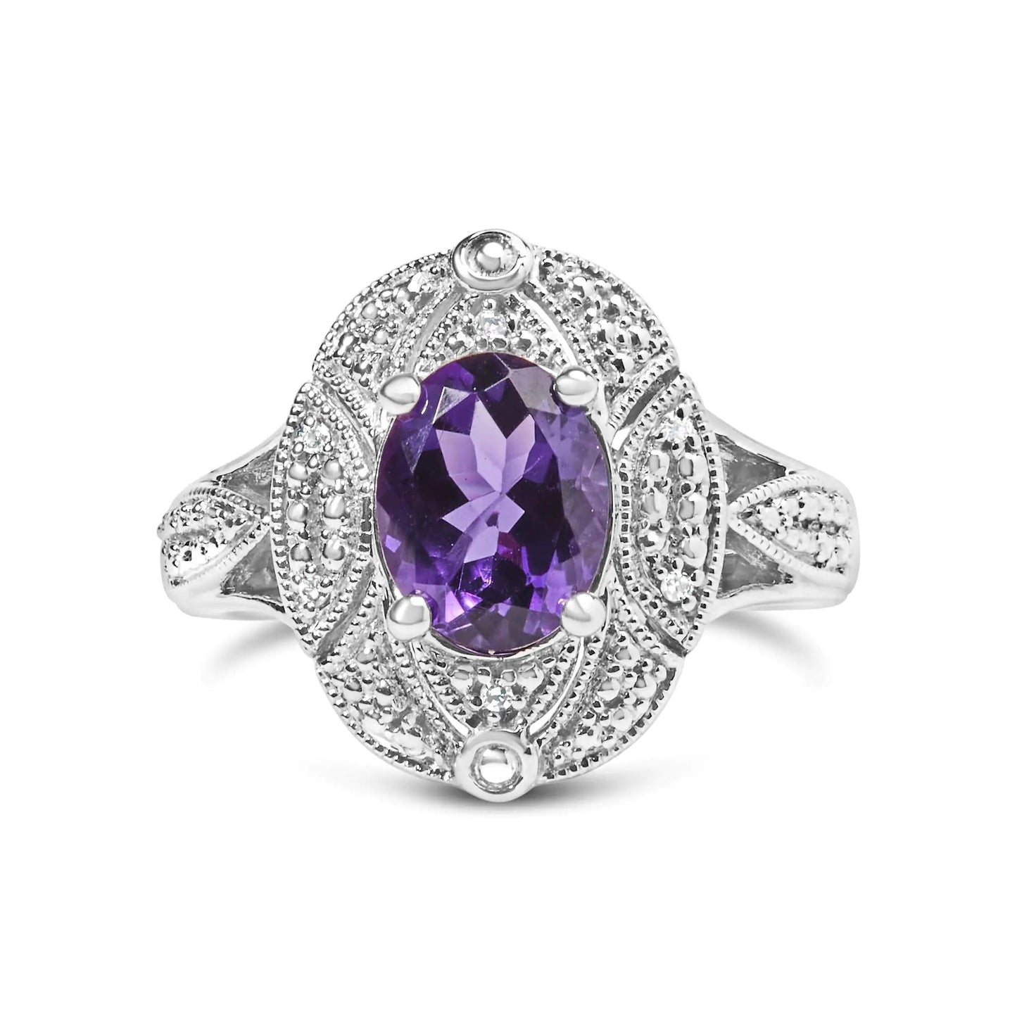 .925 Sterling Silver 9x7mm Oval Purple Amethyst and Round Diamond Accent Fashion Cocktail Ring (I - J Color, I1 - I2 Clarity) | | Elegant Emulations Jewelry USA