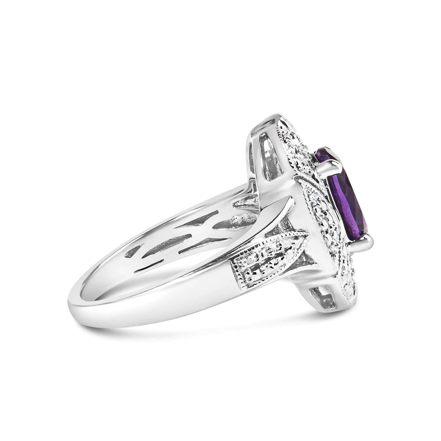 .925 Sterling Silver 9x7mm Oval Purple Amethyst and Round Diamond Accent Fashion Cocktail Ring (I - J Color, I1 - I2 Clarity) | | Elegant Emulations Jewelry USA