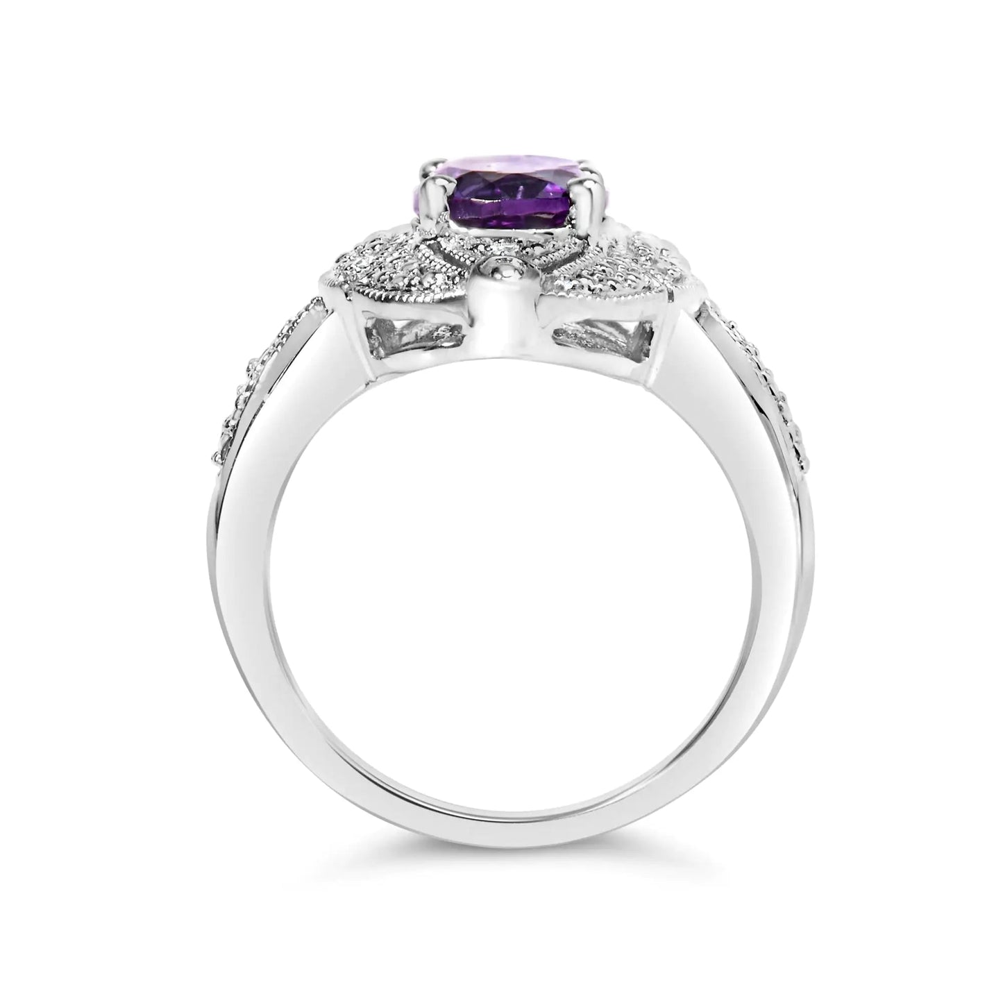 .925 Sterling Silver 9x7mm Oval Purple Amethyst and Round Diamond Accent Fashion Cocktail Ring (I - J Color, I1 - I2 Clarity) | | Elegant Emulations Jewelry USA