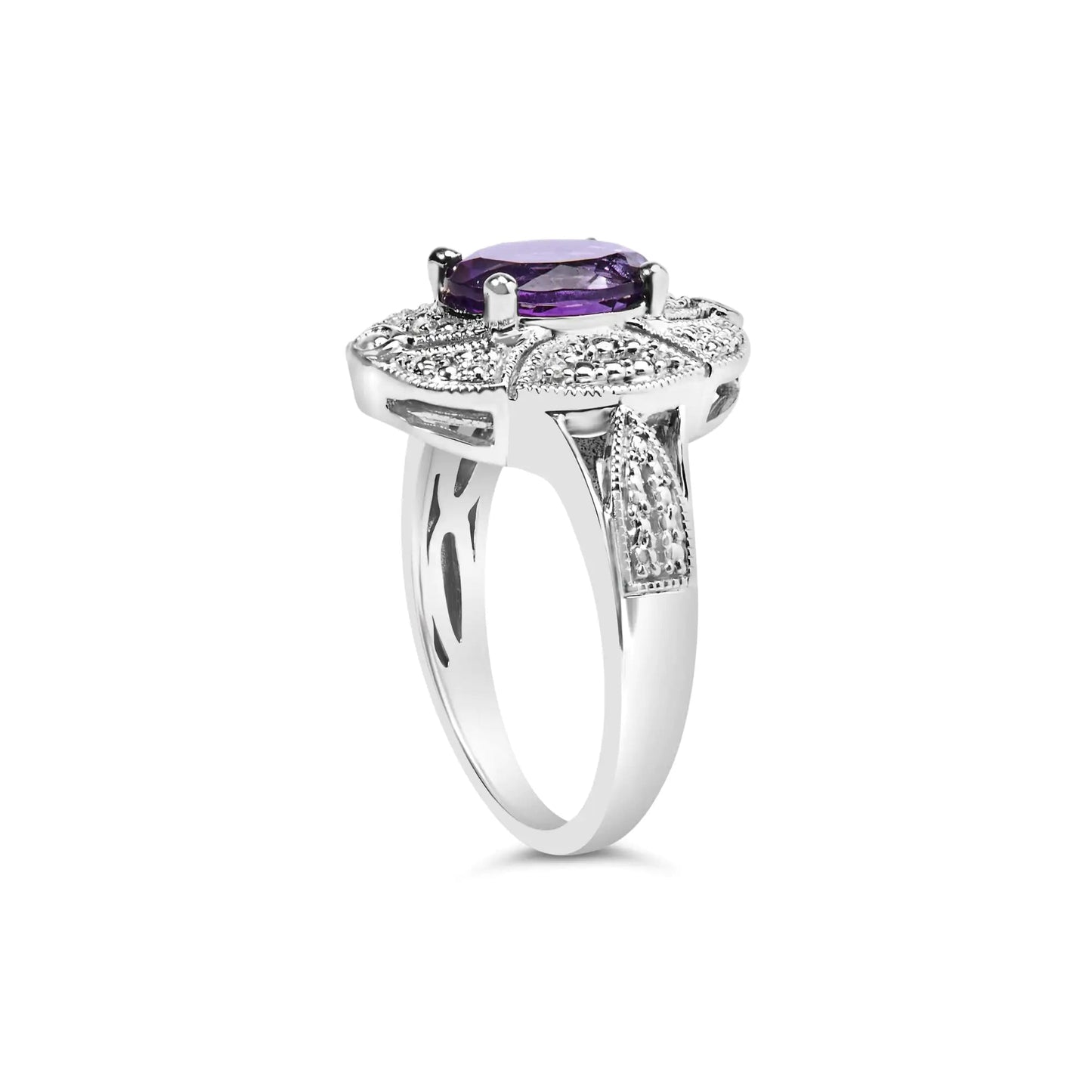 .925 Sterling Silver 9x7mm Oval Purple Amethyst and Round Diamond Accent Fashion Cocktail Ring (I - J Color, I1 - I2 Clarity) | | Elegant Emulations Jewelry USA