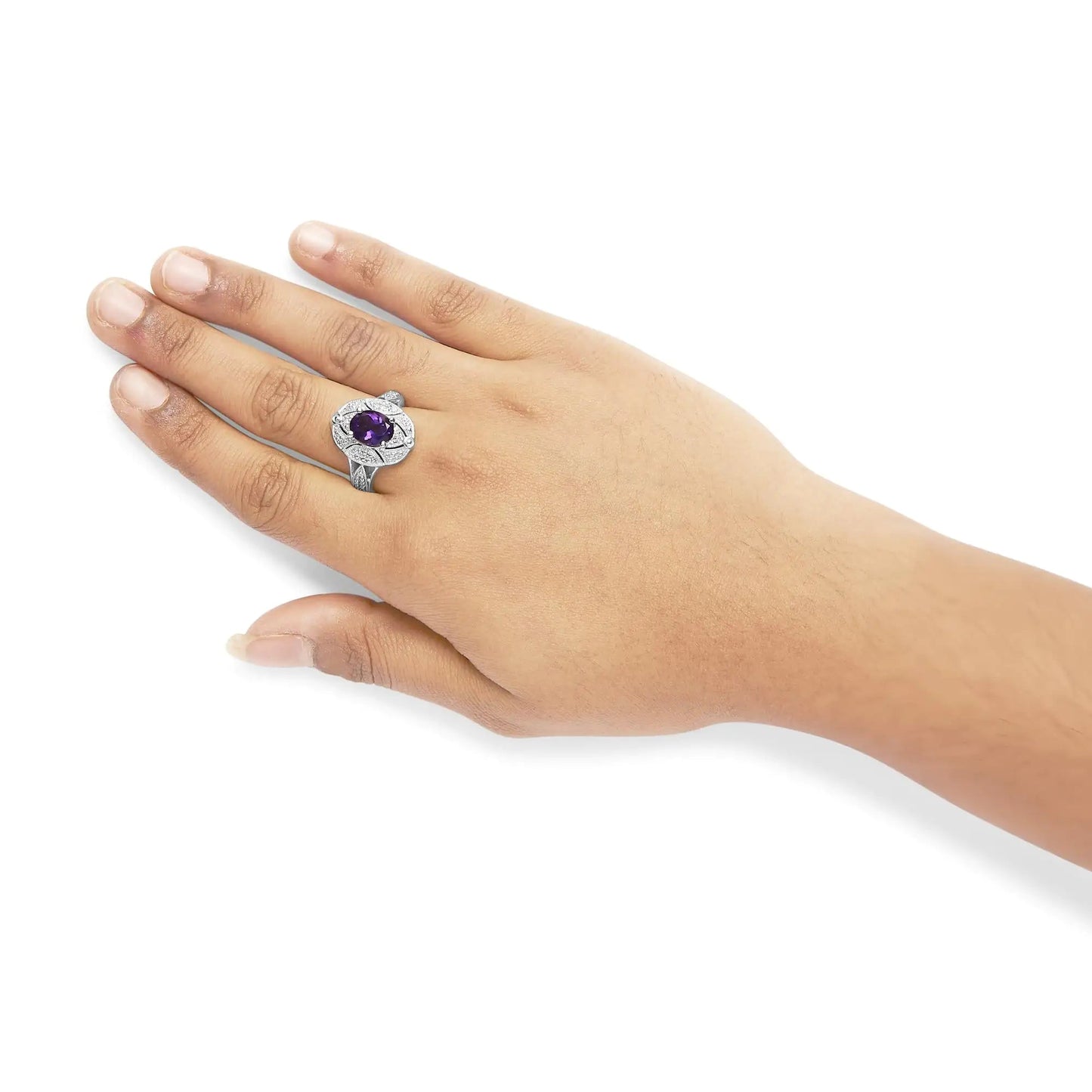 .925 Sterling Silver 9x7mm Oval Purple Amethyst and Round Diamond Accent Fashion Cocktail Ring (I - J Color, I1 - I2 Clarity) | | Elegant Emulations Jewelry USA