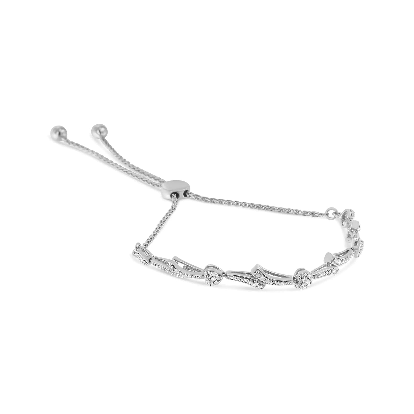 .925 Sterling Silver Diamond Accent Heart and Wave Link Bolo Bracelet (I - J Color, I2 - I3 Clarity) - 6" to 9" Adjustable | | Elegant Emulations Jewelry USA