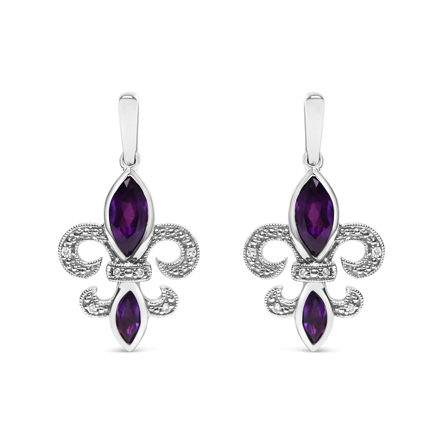 .925 Sterling Silver Marquise Cut Amethyst and Diamond Accent Fleur De Lis Dangle Stud Earrings (H - I Color, SI1 - SI2 Clarity) | | Elegant Emulations Jewelry USA