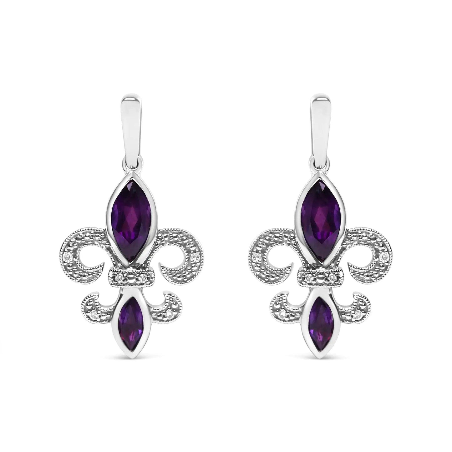 .925 Sterling Silver Marquise Cut Amethyst and Diamond Accent Fleur De Lis Dangle Stud Earrings (H - I Color, SI1 - SI2 Clarity) | | Elegant Emulations Jewelry USA