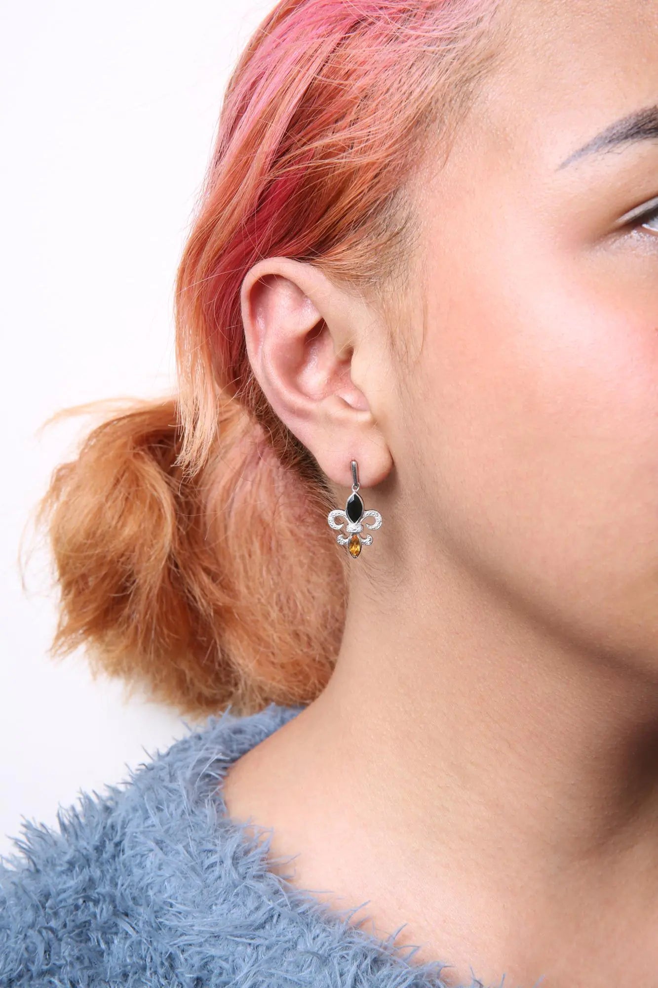 .925 Sterling Silver Marquise Cut Onyx and Citrine with Diamond Accent Fleur De Lis Drop Stud Earrings (H - I Color, SI1 - SI2 Clarity) | | Elegant Emulations Jewelry USA