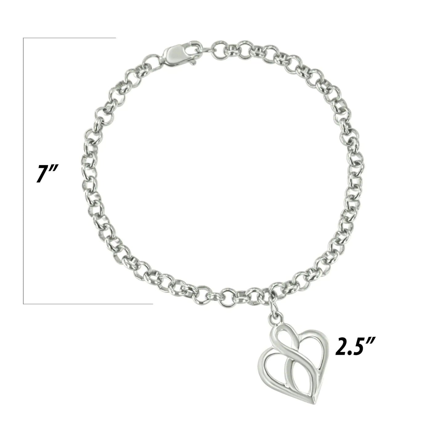 .925 Sterling Silver Open Heart with Center Vertical Infinity Chain Charm Bracelet - Size 7" | | Elegant Emulations Jewelry USA