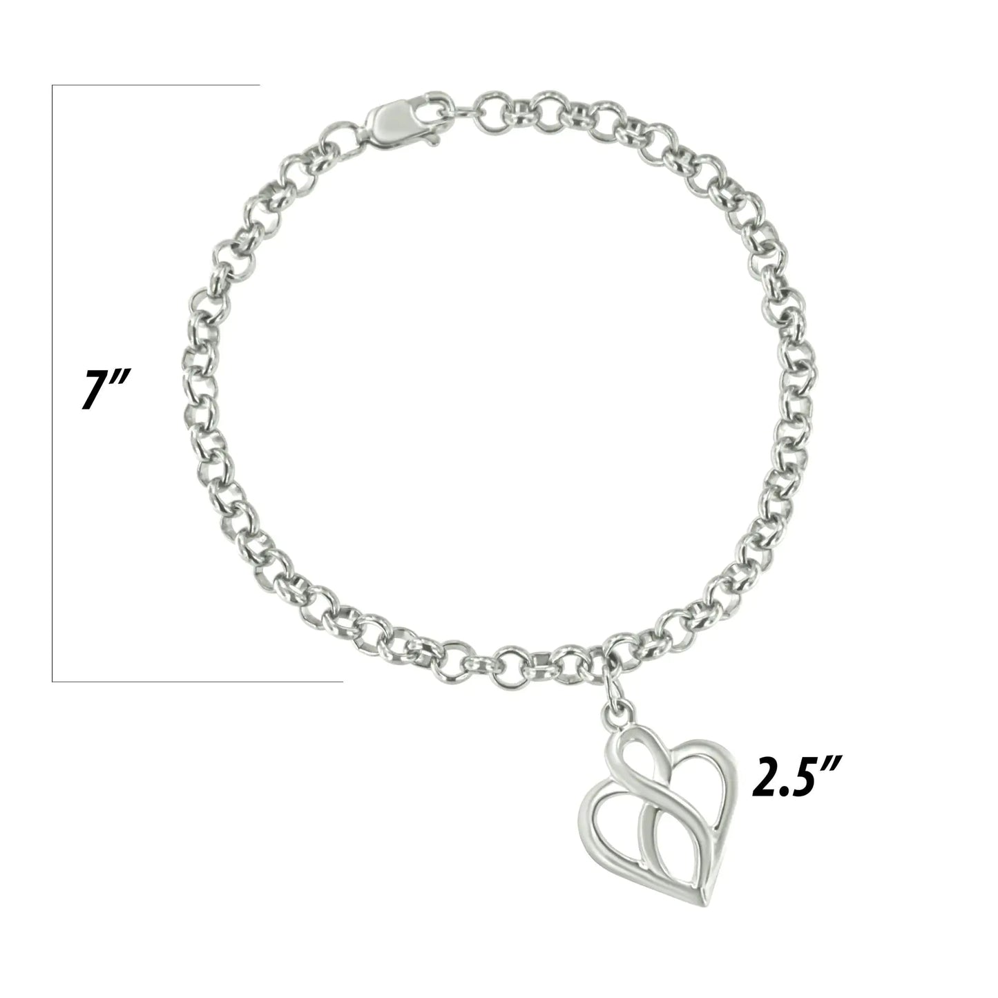 .925 Sterling Silver Open Heart with Center Vertical Infinity Chain Charm Bracelet - Size 7" | | Elegant Emulations Jewelry USA