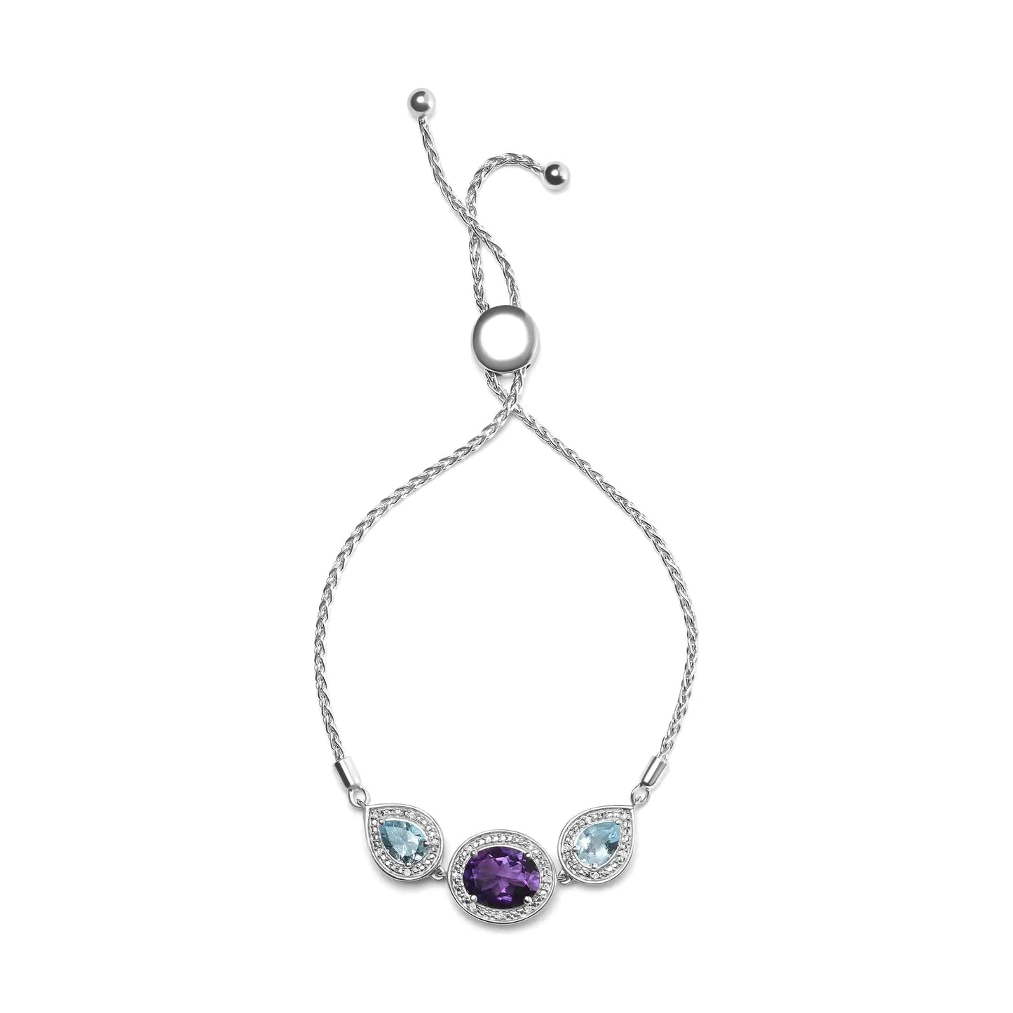 .925 Sterling Silver Oval Amethyst and Pear Blue Topaz with Diamond Accent Lariat 4” - 10” Adjustable Bolo Bracelet (H - I Color, SI1 - SI2 Clarity) | | Elegant Emulations Jewelry USA