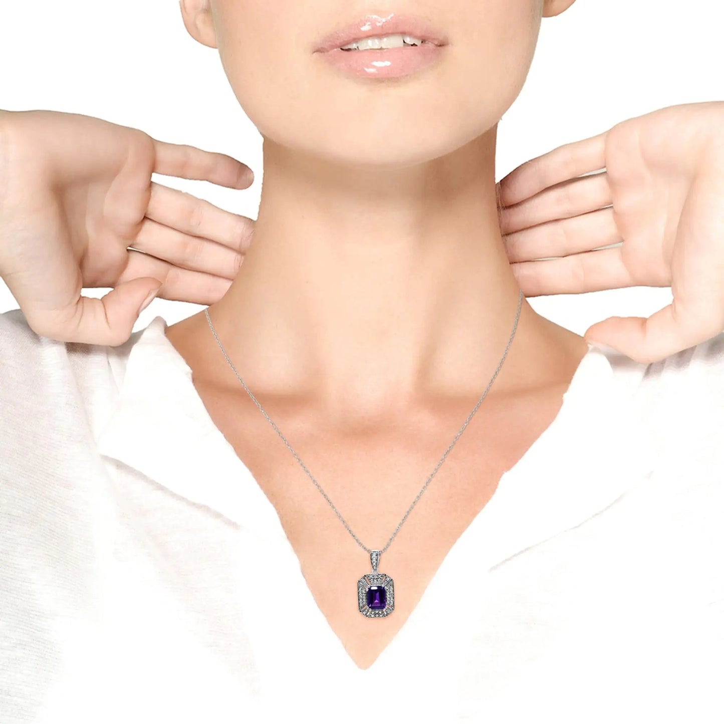 .925 Sterling Silver Purple Amethyst and Diamond Accent Art Deco Style 18" Pendant Necklace (I - J Color, I1 - I2 Clarity) | | Elegant Emulations Jewelry USA