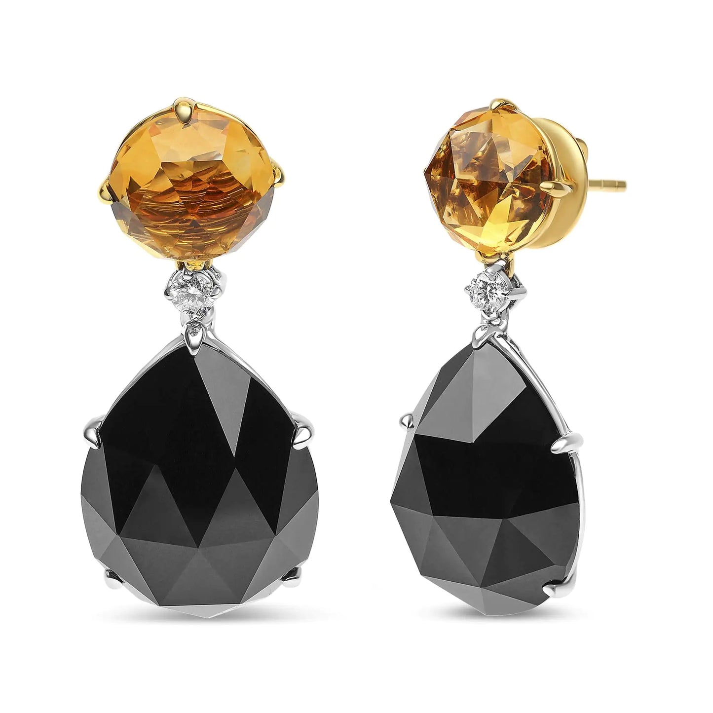 18K White and Yellow Gold 1/5 Cttw Diamond with Round Yellow Citrine and 20x15mm Pear Cut Black Onyx Gemstone Dangle Earring (G-H Color, SI1-SI2 Clarity) - Elegant Emulations