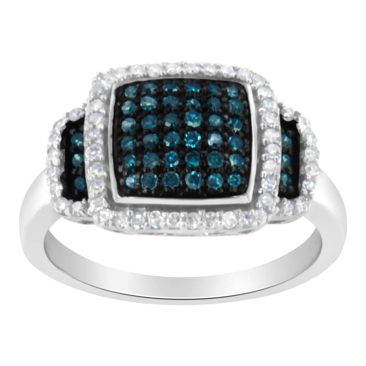 Elegant .925 Sterling Silver Blue & White Diamond Halo Ring