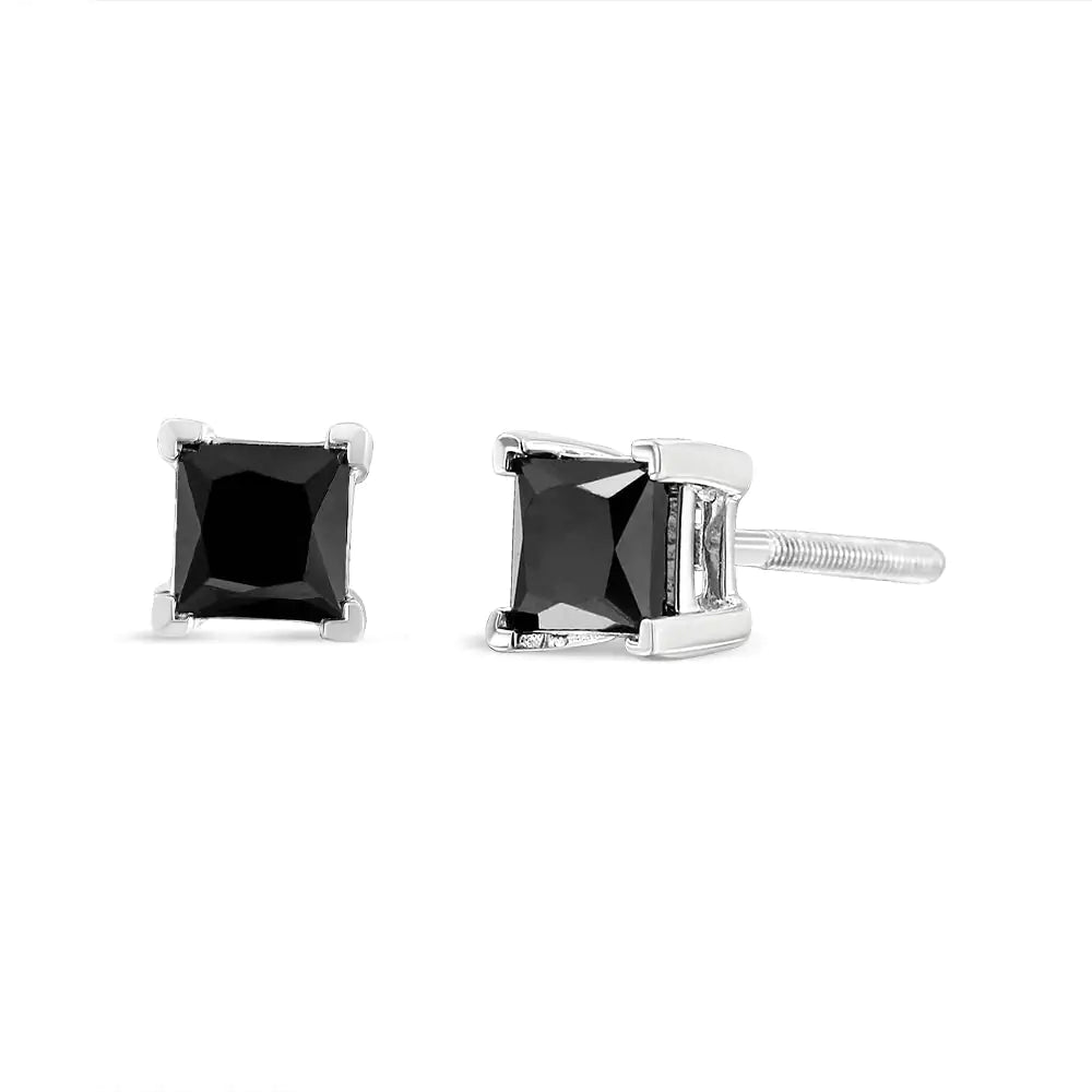 14K White Gold Princess-Cut Treated Black Diamond Classic 4-Prong Stud Earrings - Elegant Emulations