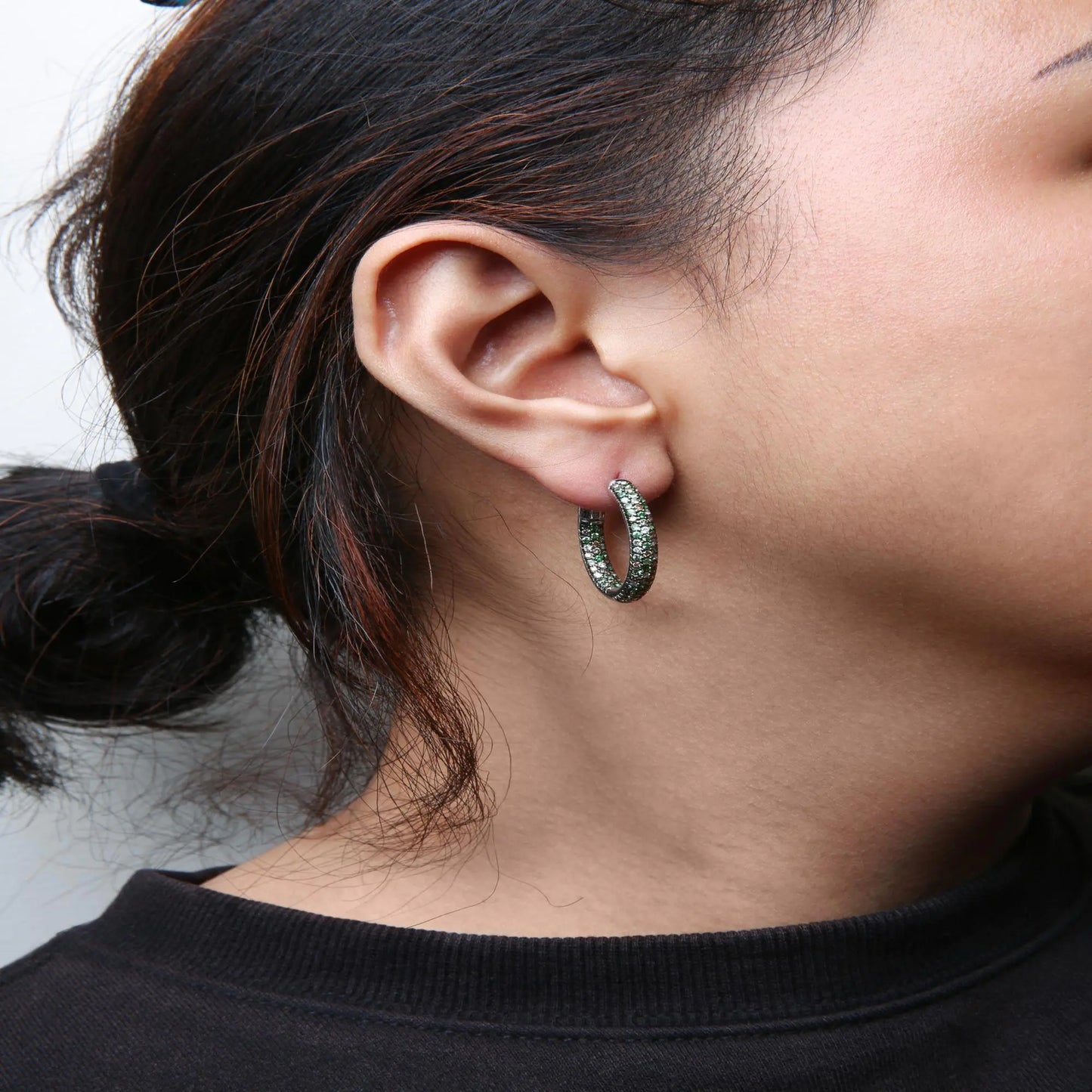 18K White Gold 1.00 Cttw Brown and White Diamond and 1.3mm Round Green Tsavorite Gemstone Inside Outside Hoop Earrings (Brown and G-H Color, SI1-SI2 Clarity) - Elegant Emulations