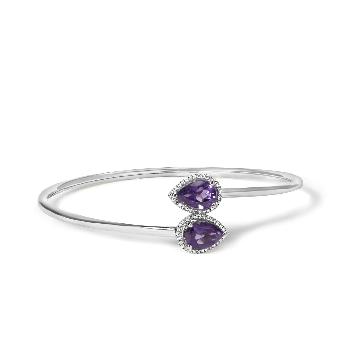 .925 Sterling Silver 8 x 5.5mm Pear Shape Amethyst and Diamond Accent Halo Bypass Bangle Bracelet (H-I Color, SI1-SI2 Clarity) - Fits up to 7" Inches - Elegant Emulations