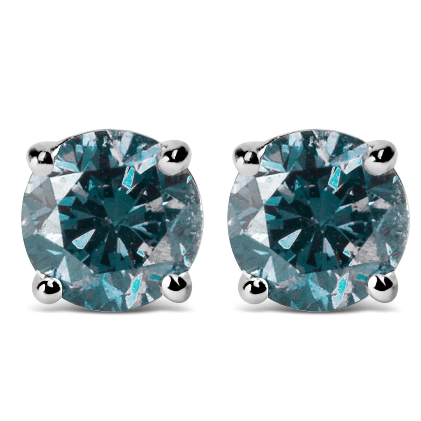 14K Gold Round Brilliant Cut Lab Grown Blue Diamond 4-Prong Classic Solitaire Stud Earrings with Pushbacks - Elegant Emulations