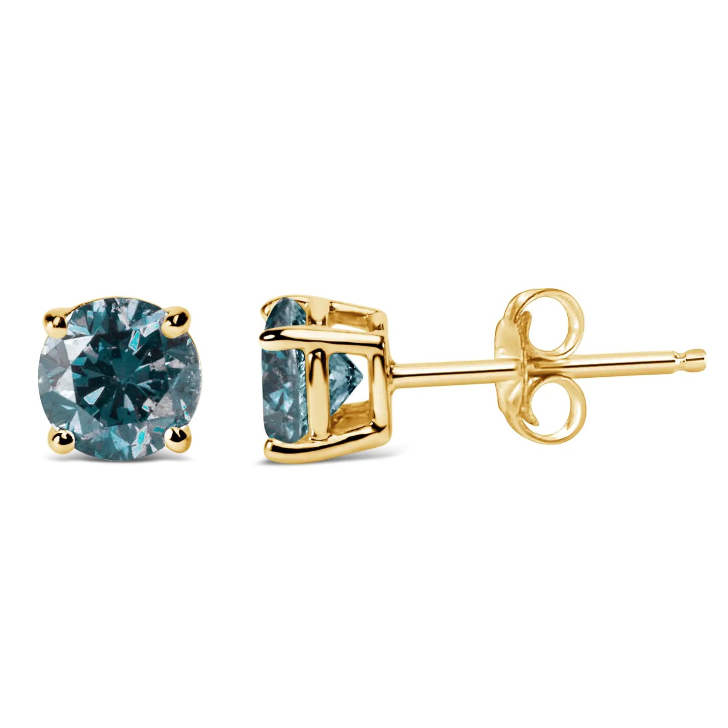 14K Gold Round Brilliant Cut Lab Grown Blue Diamond 4-Prong Classic Solitaire Stud Earrings with Pushbacks - Elegant Emulations