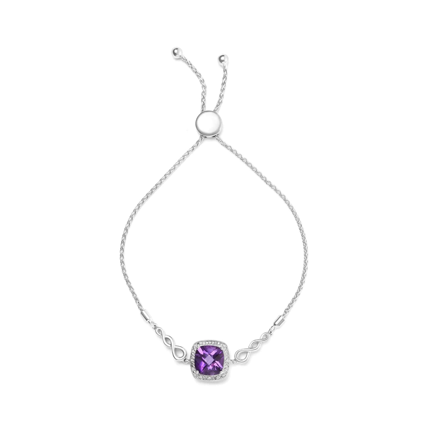 .925 Silver Amethyst Cushion & Diamond Bolo Bracelet