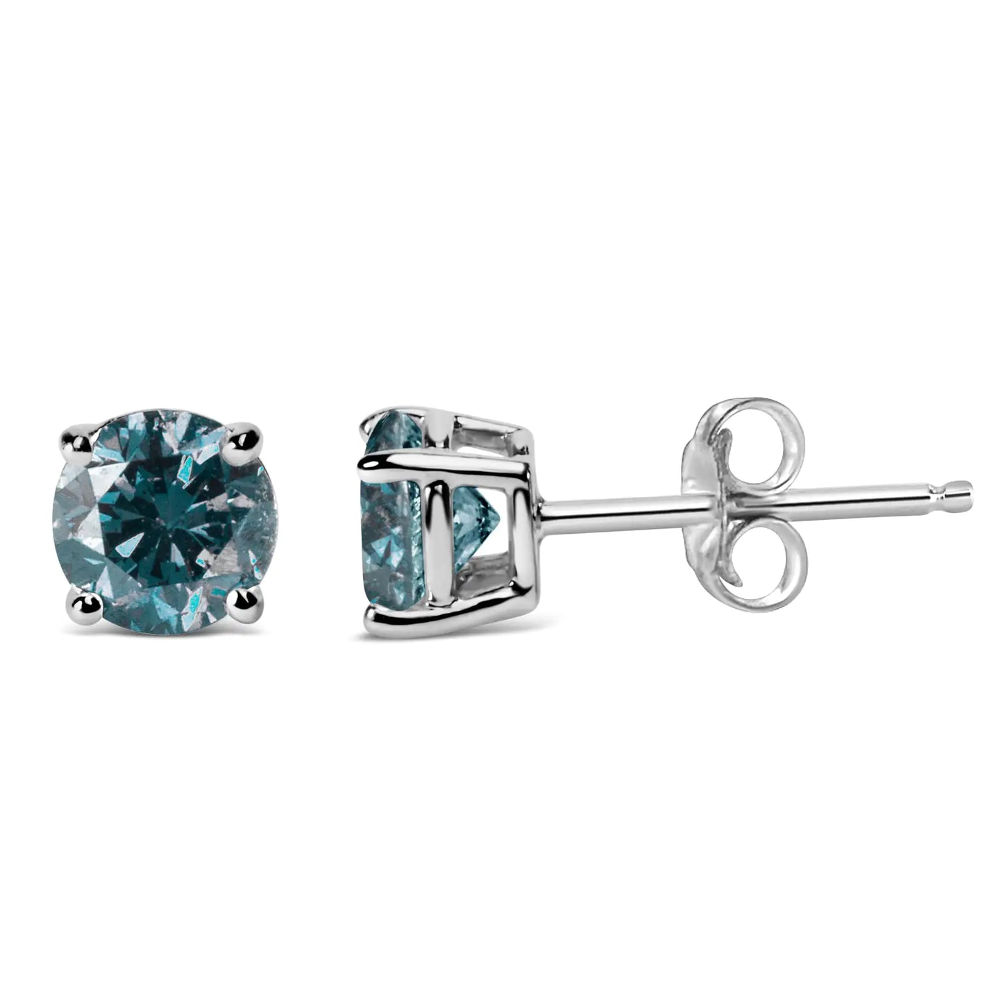 14K Gold Round Brilliant Cut Lab Grown Blue Diamond 4-Prong Classic Solitaire Stud Earrings with Pushbacks - Elegant Emulations