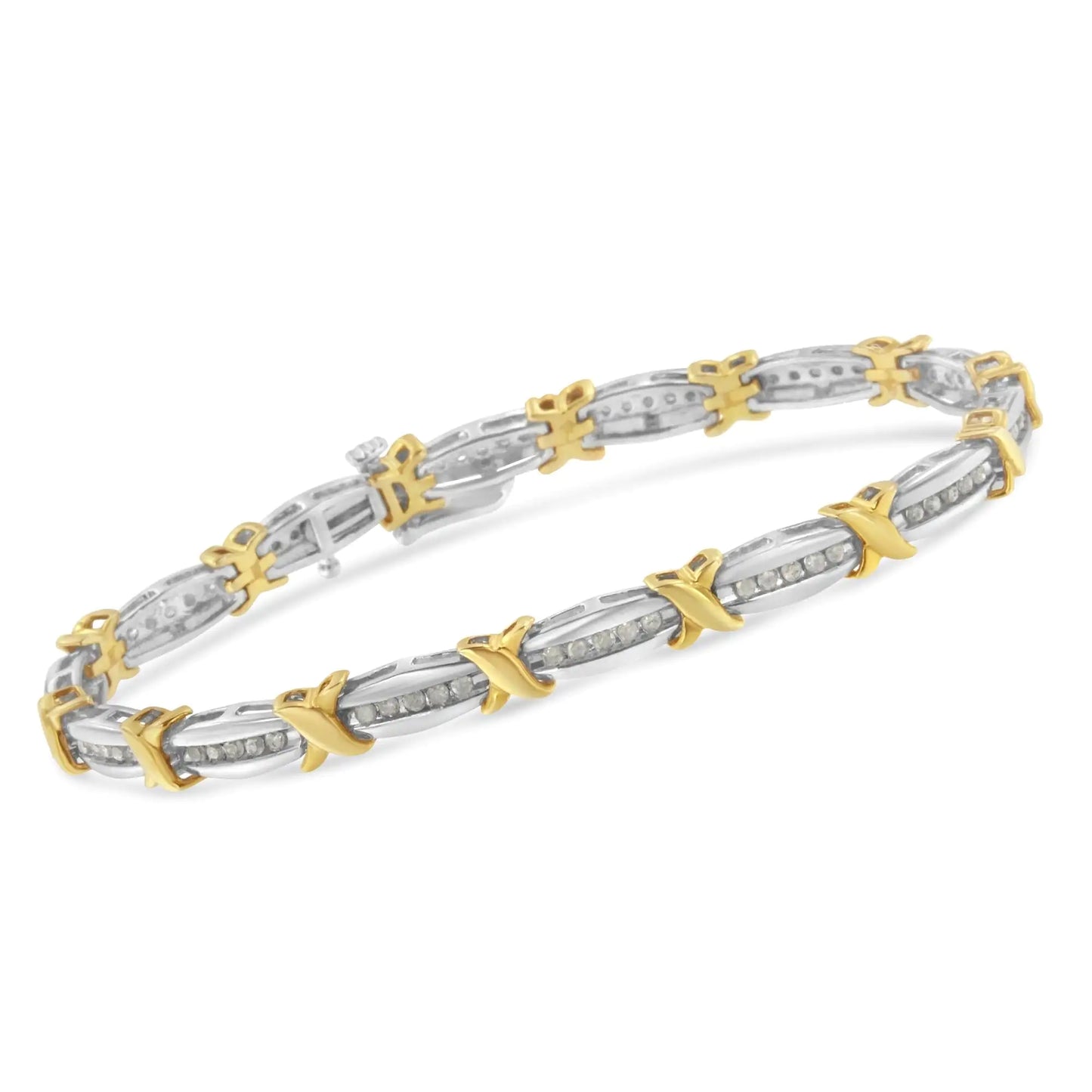 Two-Tone 10K Yellow Gold over .925 Sterling Silver 1.0 Cttw Diamond Channel Set Tapered & X-Link 7" Tennis Bracelet (H-I Color, I2-I3 Clarity) - Elegant Emulations