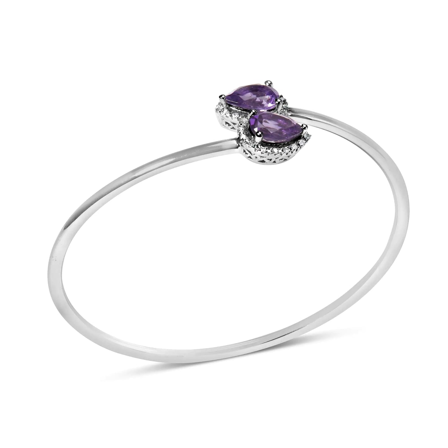 .925 Sterling Silver 8 x 5.5mm Pear Shape Amethyst and Diamond Accent Halo Bypass Bangle Bracelet (H-I Color, SI1-SI2 Clarity) - Fits up to 7" Inches - Elegant Emulations