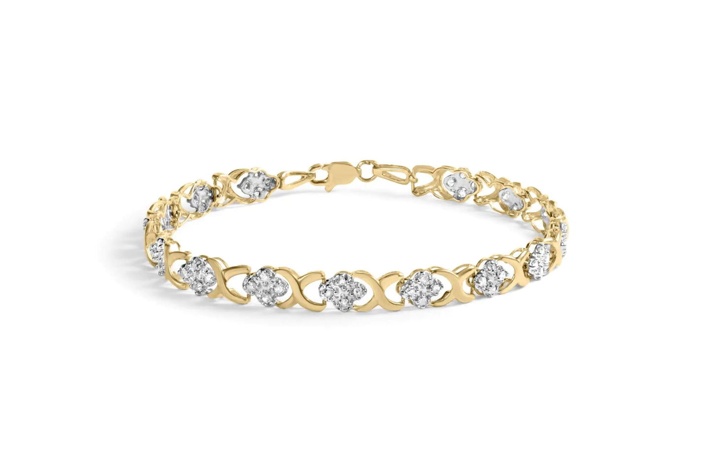 10K Yellow Gold 1.00 Cttw Diamond 5 Stone Floral Cluster and "X" Link 7" Bracelet (I-J Color, I3 Clarity) - Elegant Emulations