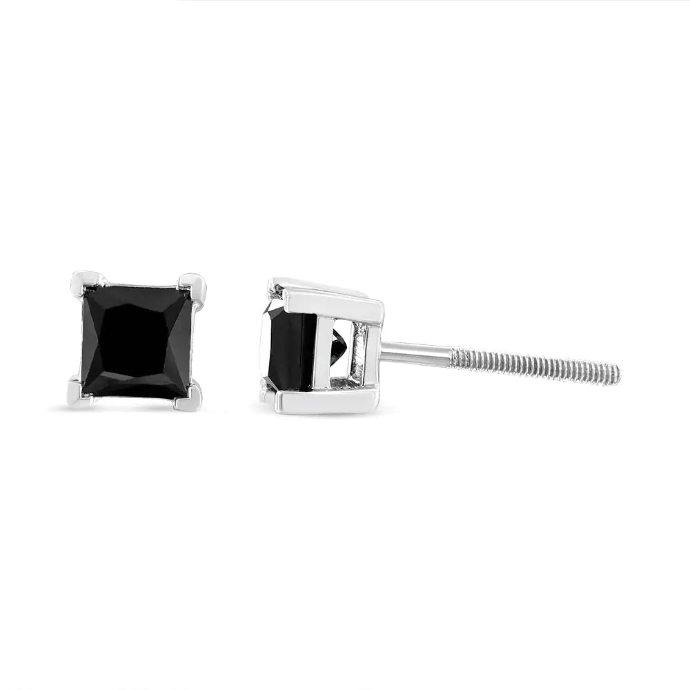 14K White Gold Princess-Cut Treated Black Diamond Classic 4-Prong Stud Earrings - Elegant Emulations