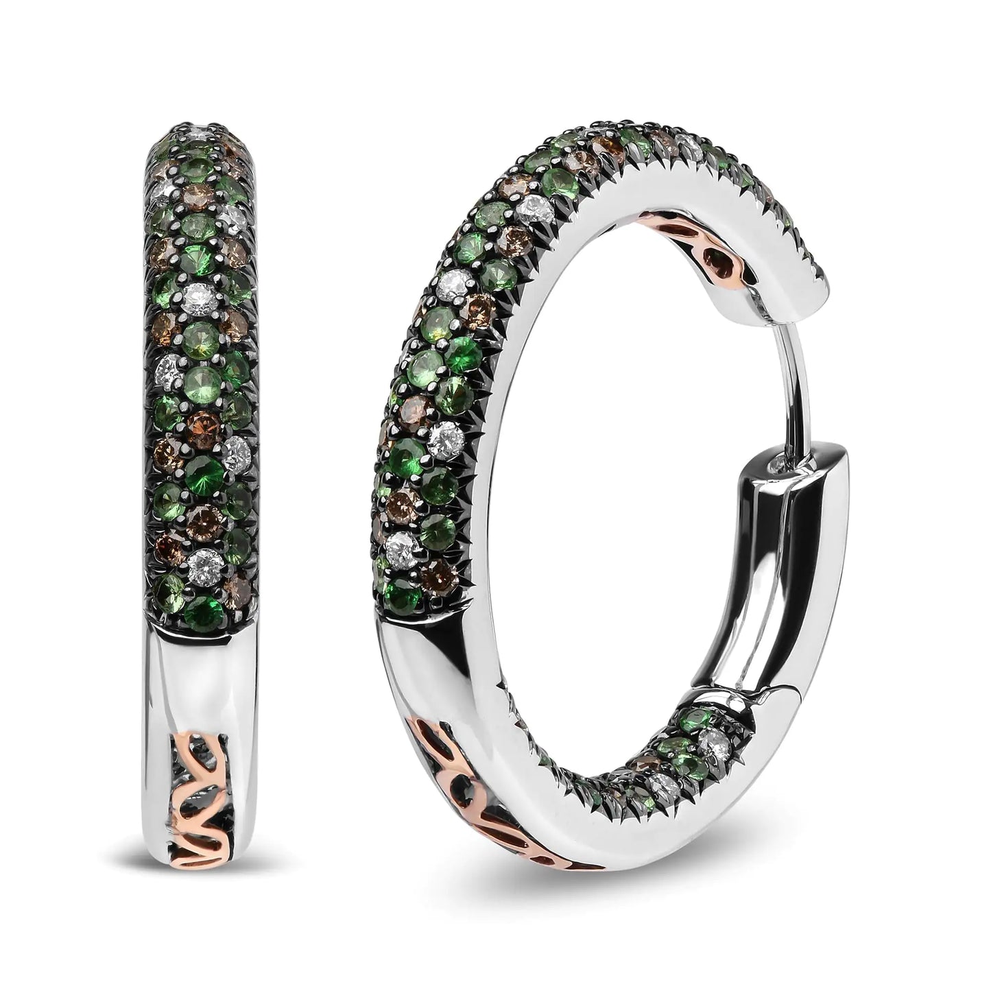 18K White Gold 1.00 Cttw Brown and White Diamond and 1.3mm Round Green Tsavorite Gemstone Inside Outside Hoop Earrings (Brown and G-H Color, SI1-SI2 Clarity) - Elegant Emulations